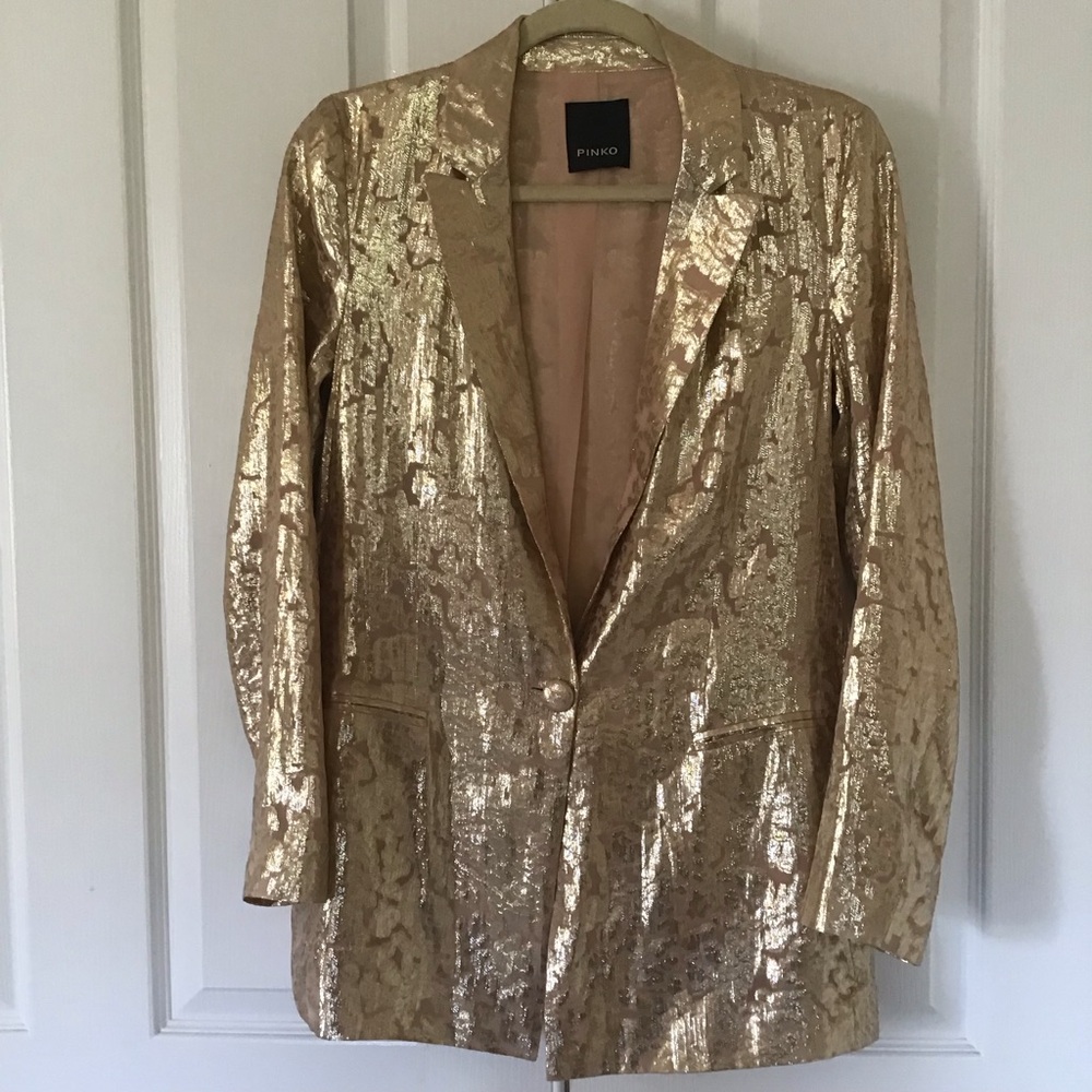 Pinko gold lame silk blend blazer jacket Sz 2